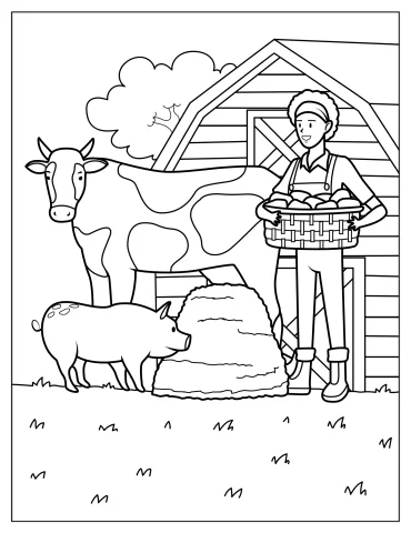 Coloring Page Of Farmer With Pig And Cow