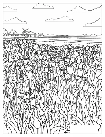 Detailed Tulips Growing In Field With Barn