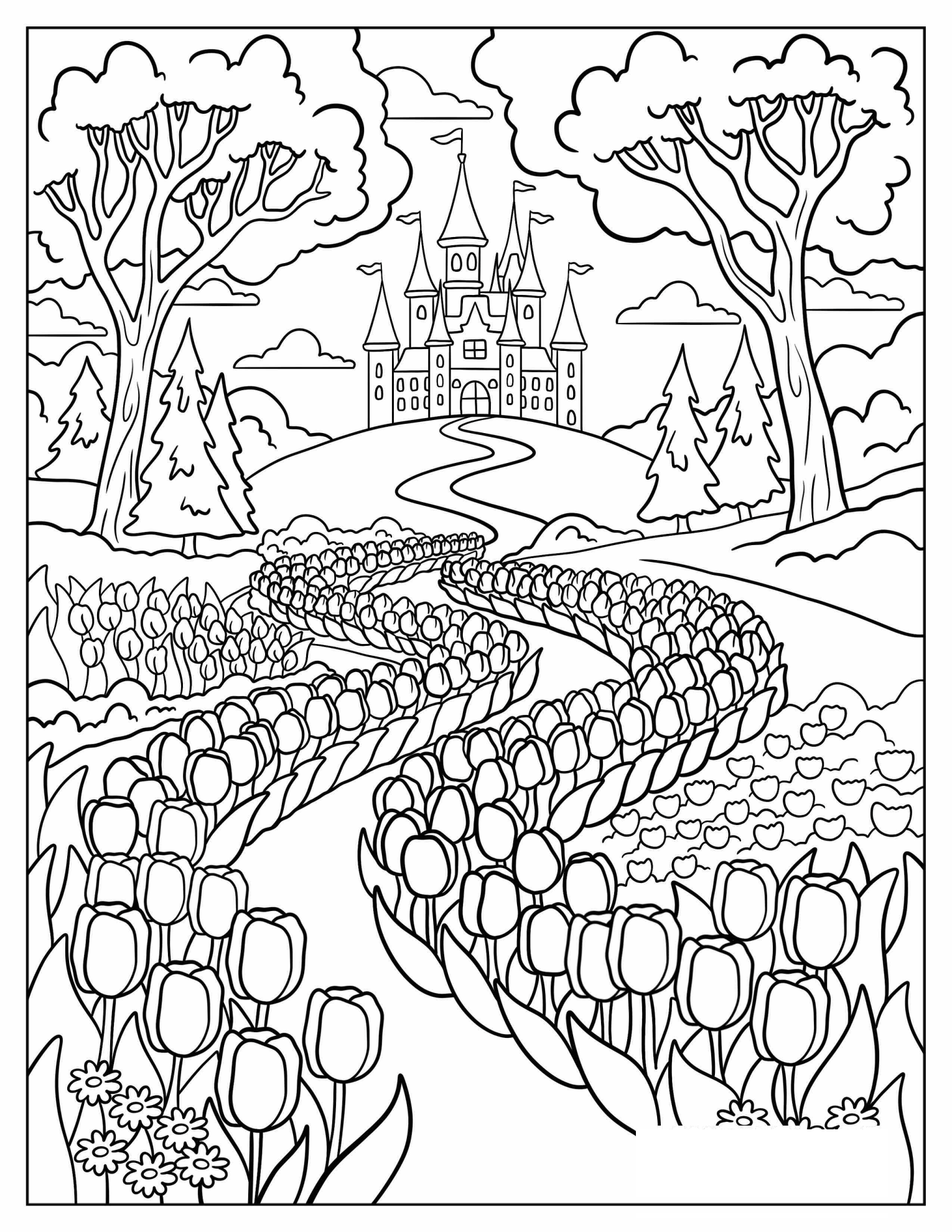 Castle Pathway Lined With Tulips Coloring Sheet