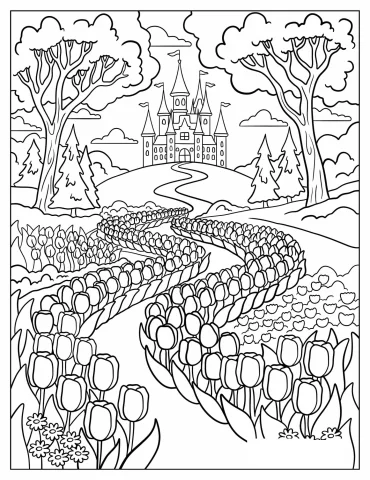 Castle Pathway Lined With Tulips Coloring Sheet