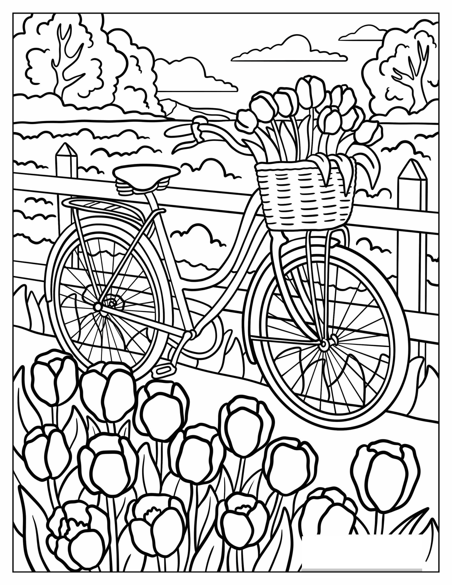Vintage Bicycle with Basket of Tulips Parked by a Fence in a Flower Field