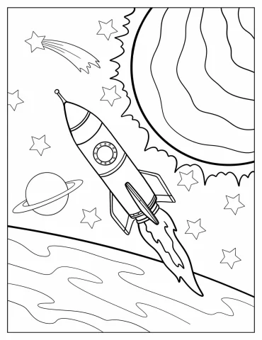 Spaceship Cruising Past The Sun In Outer Space Coloring Page