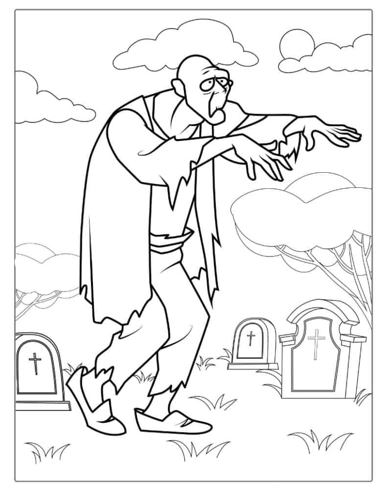 Halloween Coloring Page of  Undead In Cemetery