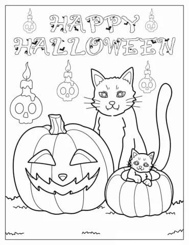Halloween Coloring Page of  Cats And Pumpkins