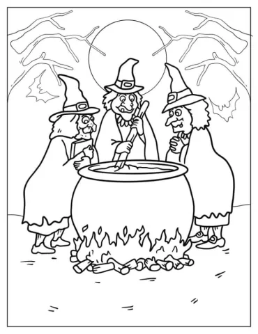 Halloween Coloring Page of Three Witches Casting Spells