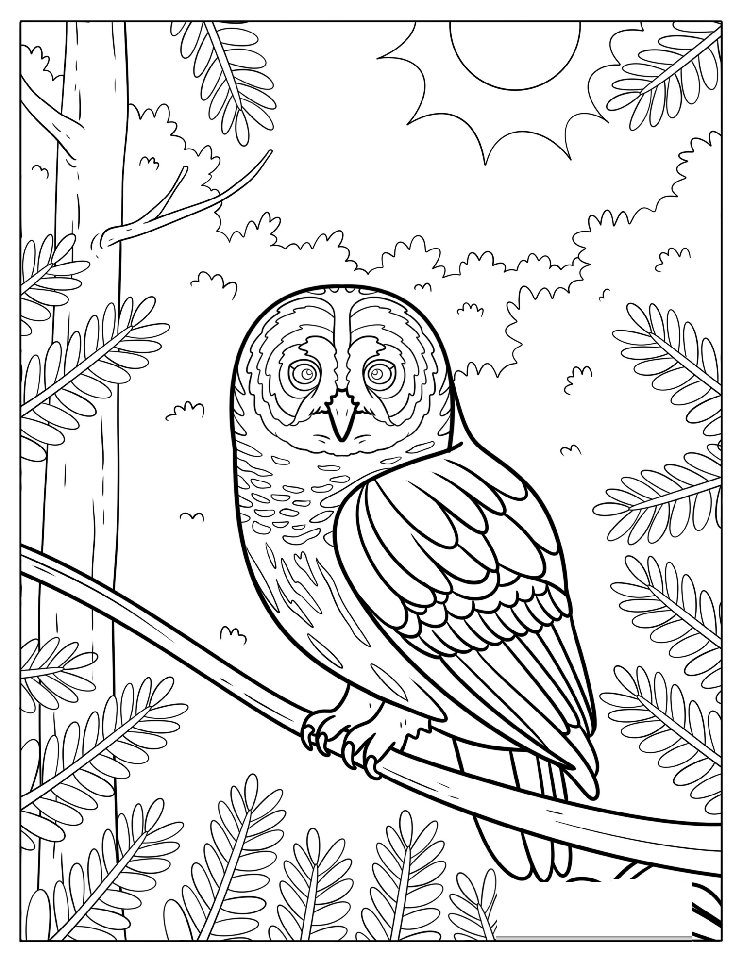 Detailed Owl Resting on a Tree Branch Coloring Page