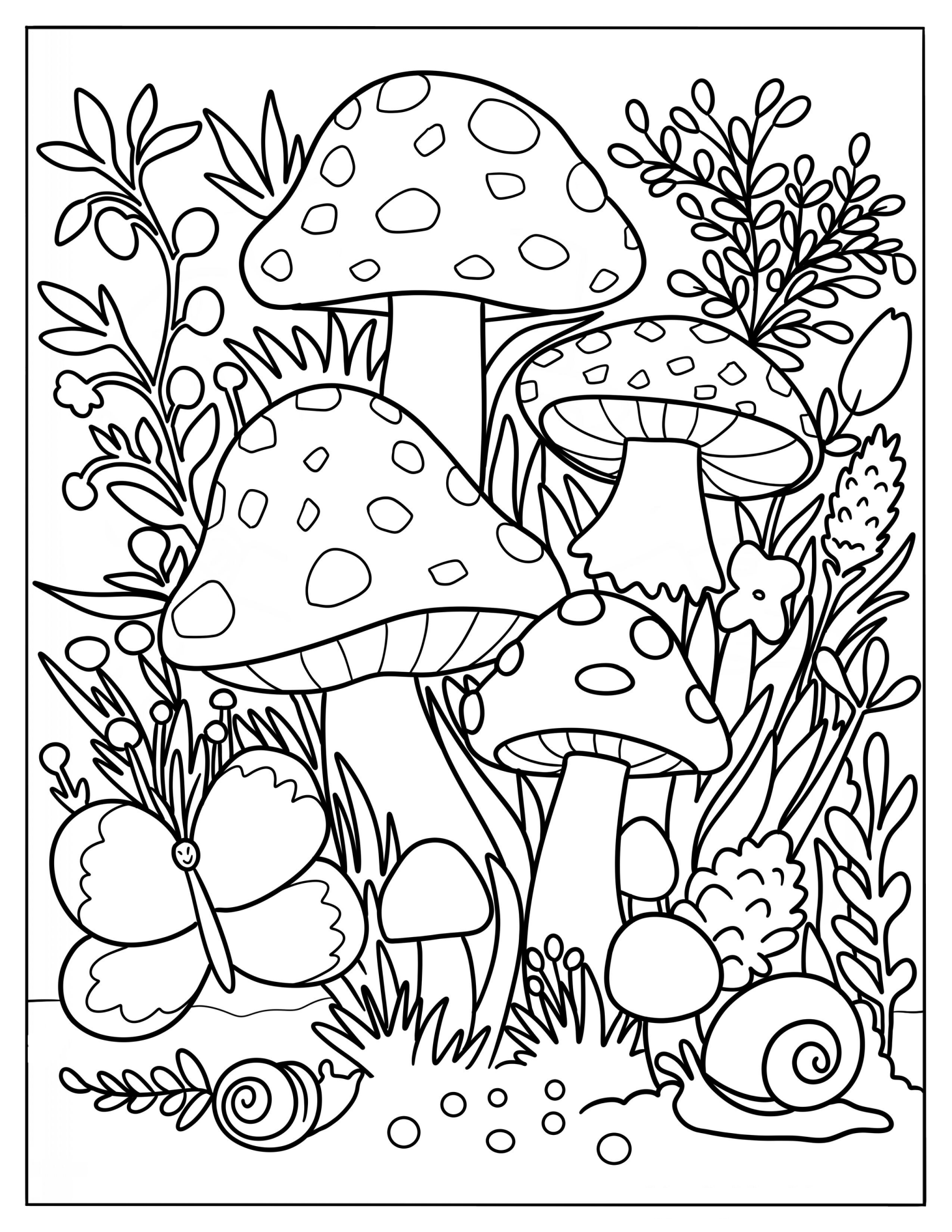 Wildflowers And Weeds Growing Around Mushrooms Coloring Sheet