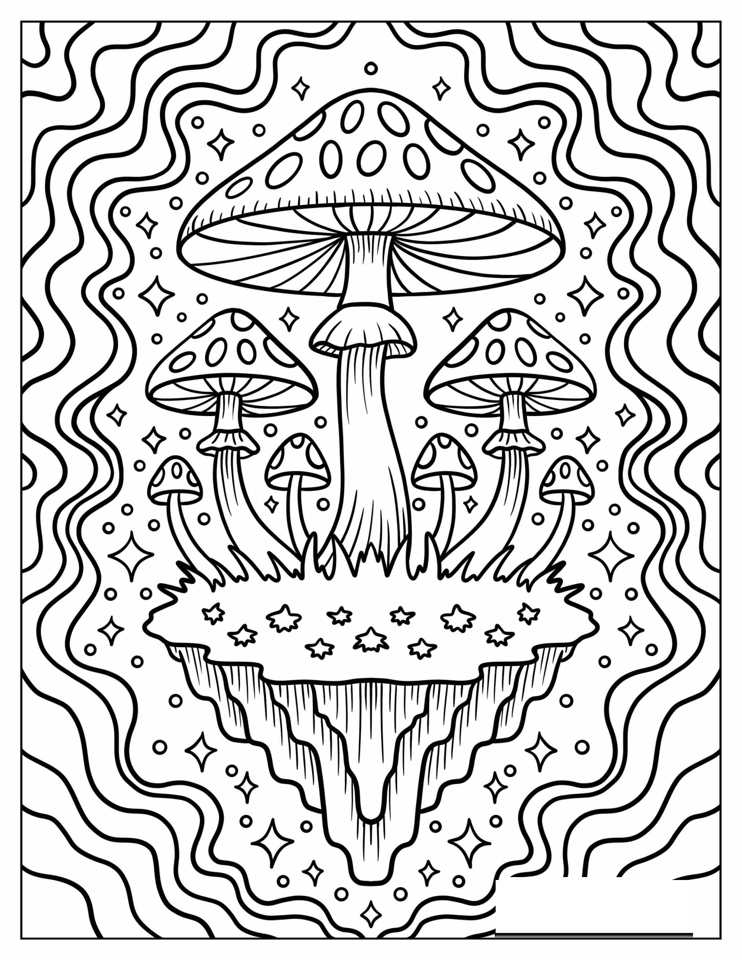 Floating Island of Mushrooms Surrounded by Stars and Wavy Lines Coloring Sheet