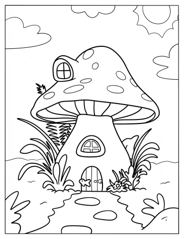 Mushroom House With Two Windows Coloring Sheet