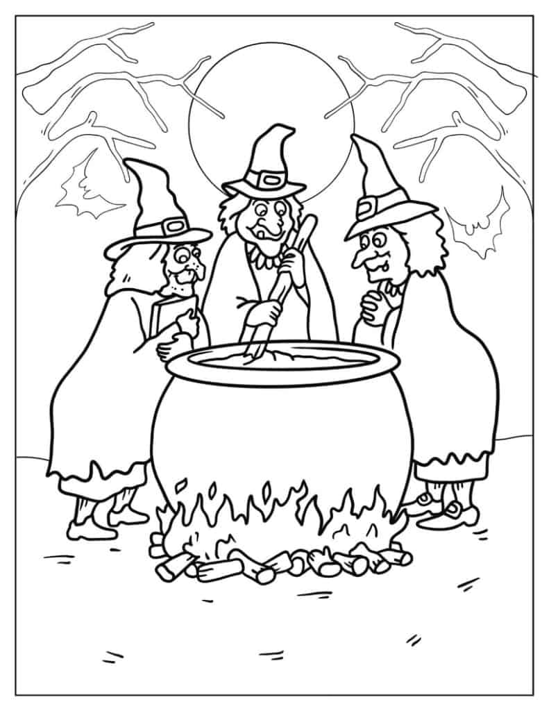 Halloween Coloring Page of Three Witches Casting Spells