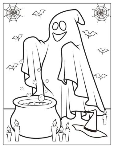 Halloween Coloring Page of Ghost In Front Of Witch_s Cauldron