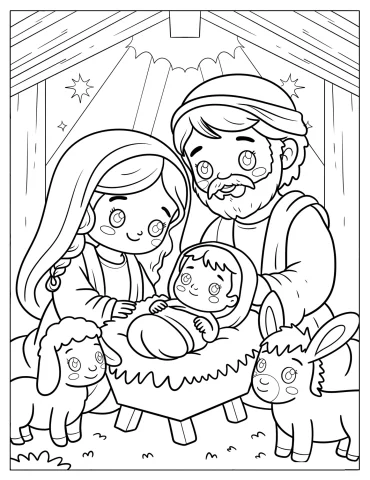 Mama Mary, Joseph, and Baby Jesus in a Manger on Christmas