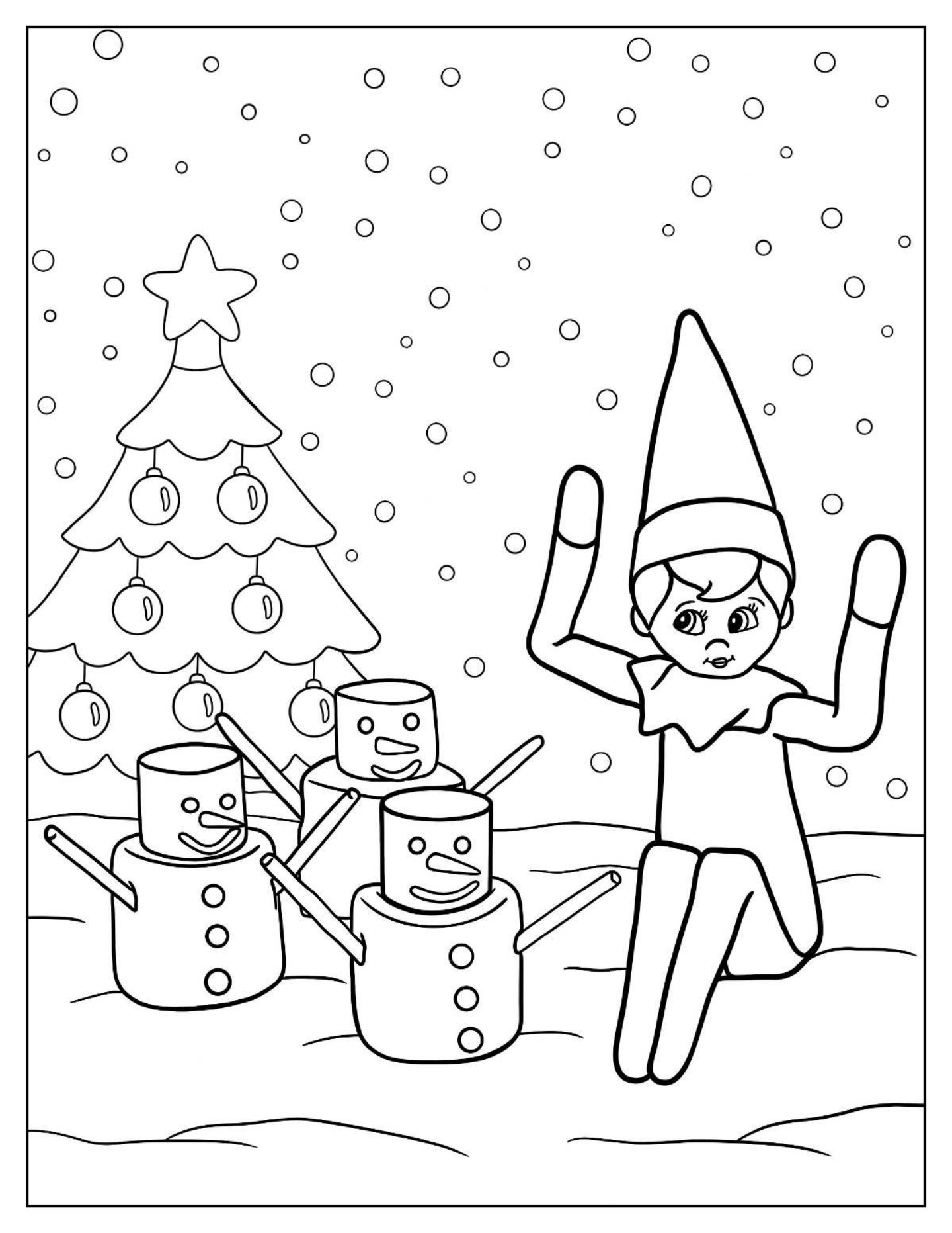Simple Elf On The Shelf Beside Christmas Tree Coloring Page