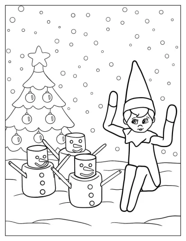 Simple Elf On The Shelf Beside Christmas Tree Coloring Page