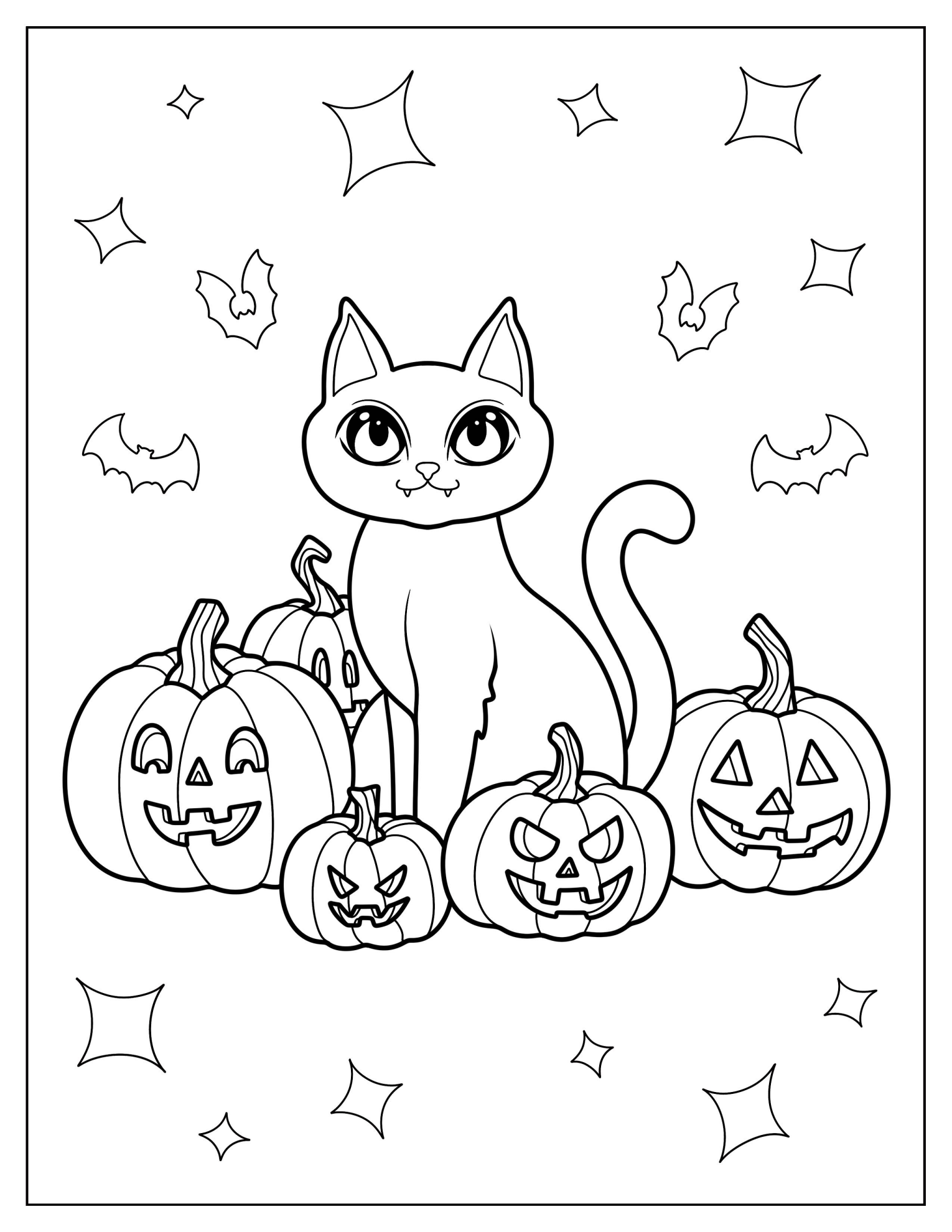Cat Surrounded By Jack O Lanterns Coloring Sheet