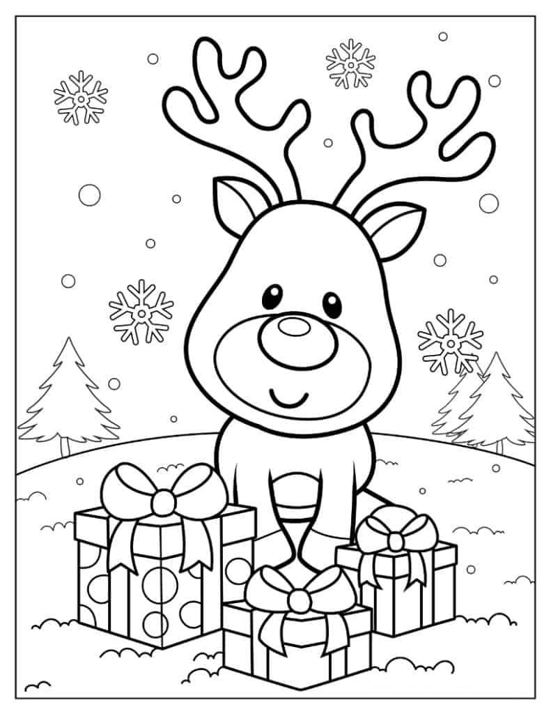 Christmas coloring page of Kawaii Rudolph With Presents