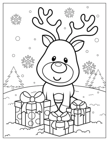 Christmas coloring page of Kawaii Rudolph With Presents
