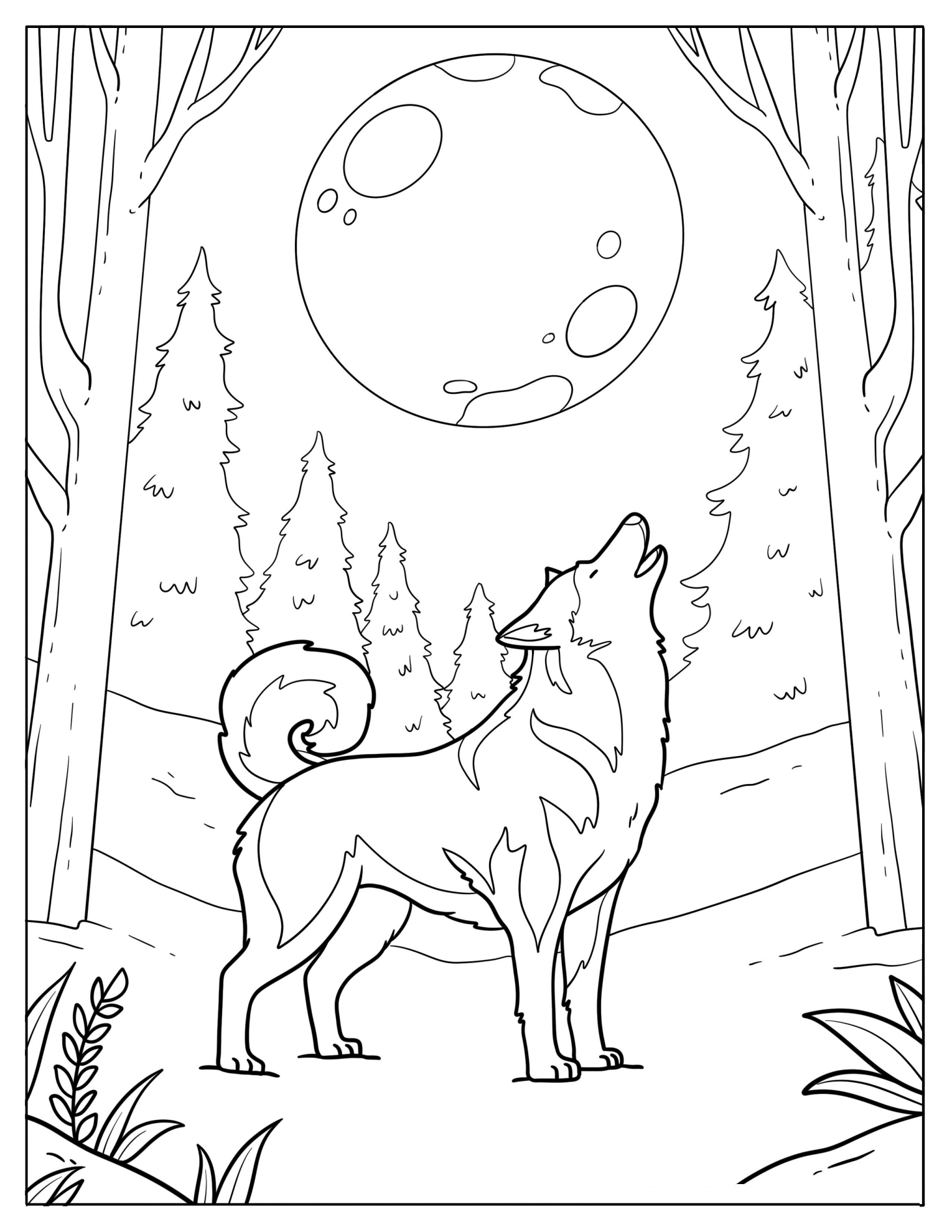 Husky Howling at a Full Moon Coloring Sheet for Kids