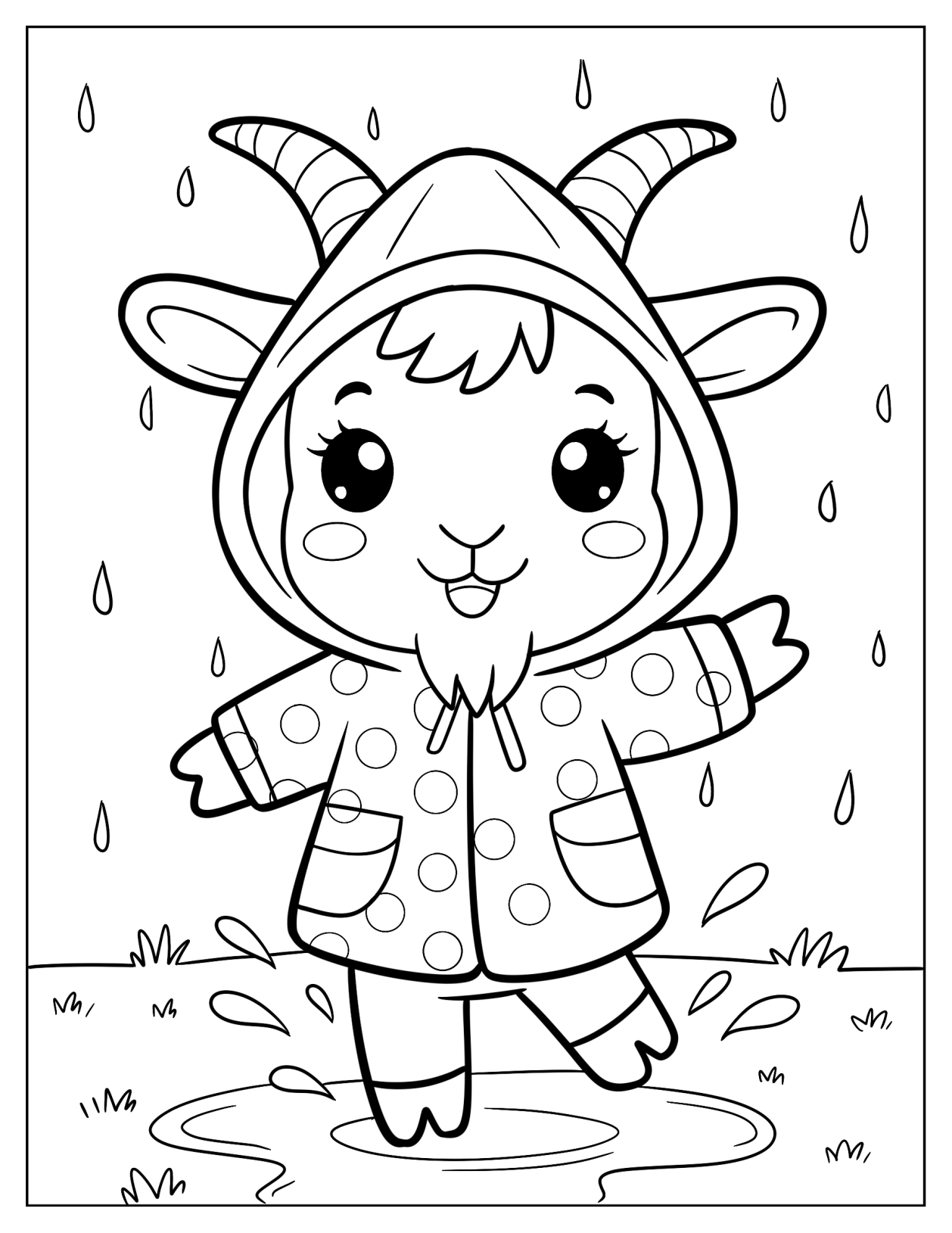 Tiny Goat in a Polka Dot Raincoat Splashing Through Puddles Coloring Sheet for Preschoolers
