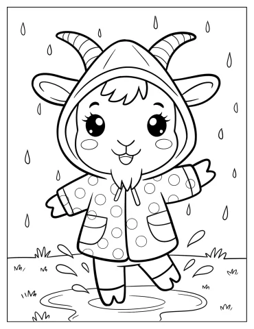 Tiny Goat in a Polka Dot Raincoat Splashing Through Puddles Coloring Sheet for Preschoolers
