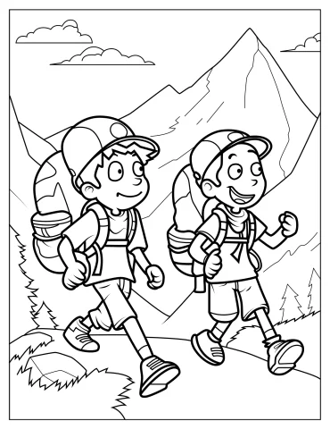 Boy Campers Walking In Forest Trail