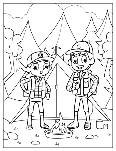 Kawaii Campers Standing In Front Of Bonfire