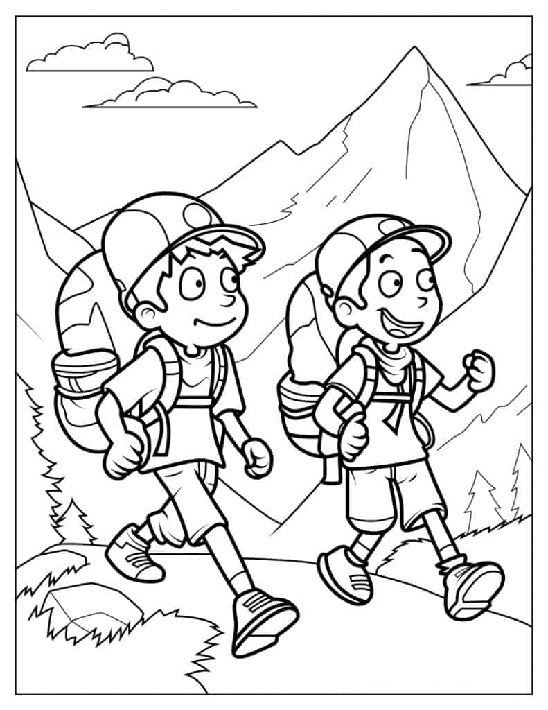 Boy Campers Walking In Forest Trail