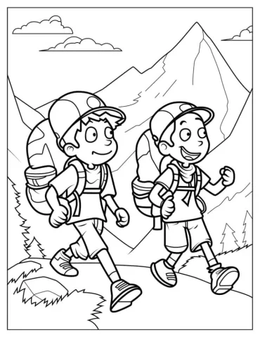 Boy Campers Walking In Forest Trail