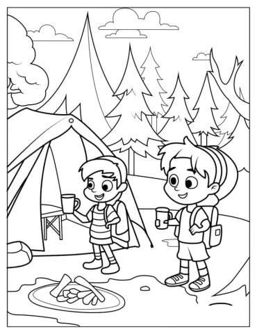 Children Holding Cups In Camping Site To Color
