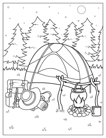 Detailed Coloring Page Of Camping Tent And Gear