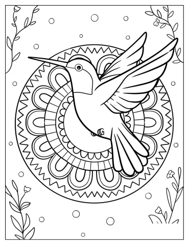 Simple Hummingbird Flying In Front Of A Mandala Coloring Page