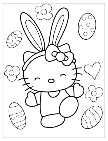 Easter Themed Hello Kitty Wearing Bunny Ears To Color
