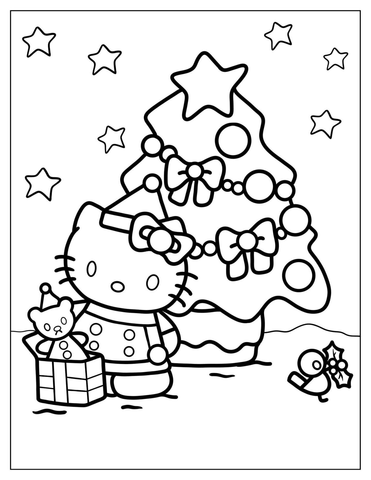 Hello Kitty With Present And Christmas Tree Coloring In