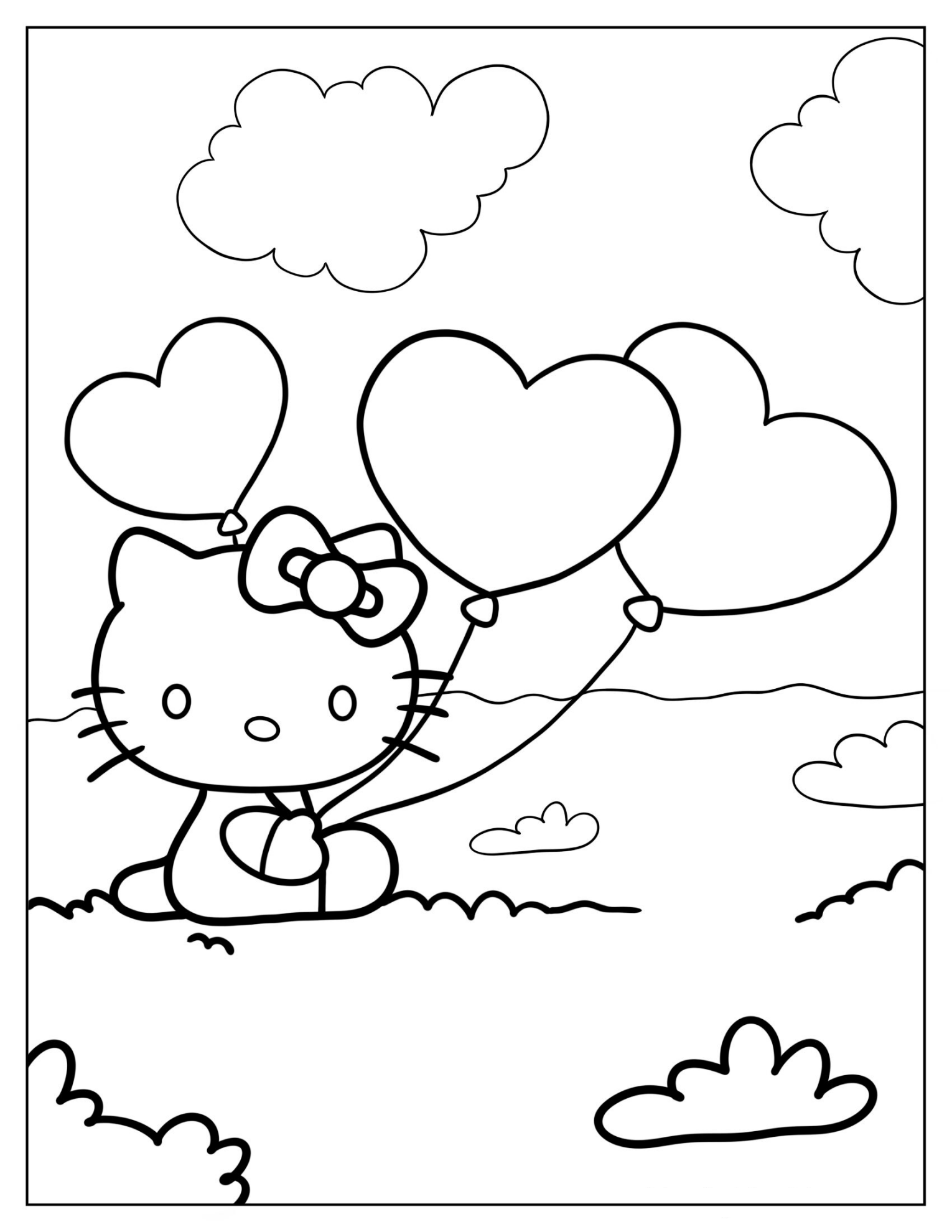 Coloring Sheet Of Hello Kitty Holding Heart Balloons