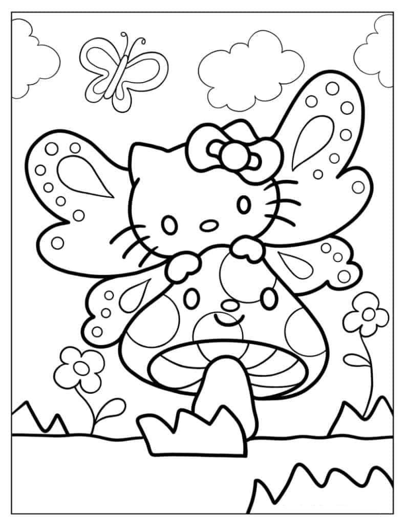 Butterfly Hello Kitty Hugging Mushroom To Color