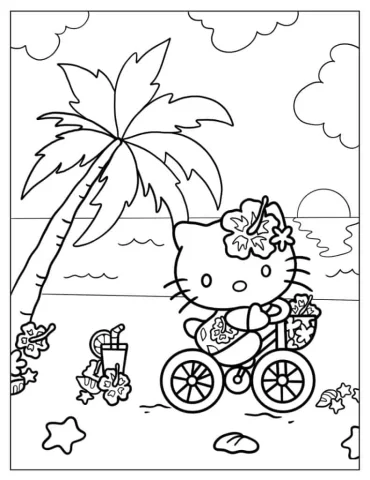 Hello Kitty Riding Bike On The Beach Coloring In