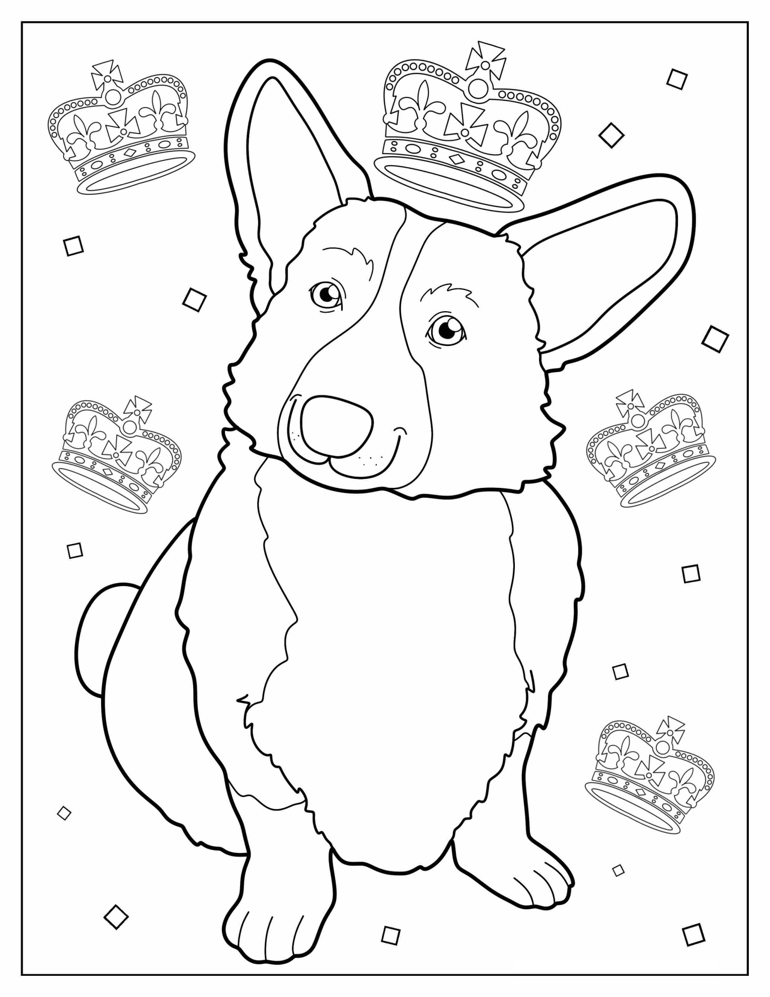 Kawaii Queen’s Corgi Coloring Sheet
