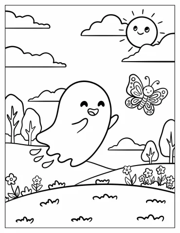 Playful Ghost Chasing a Butterfly Coloring Sheet