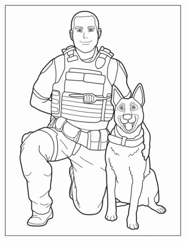 Coloring Sheet Of Police Officer With K-9 Dog