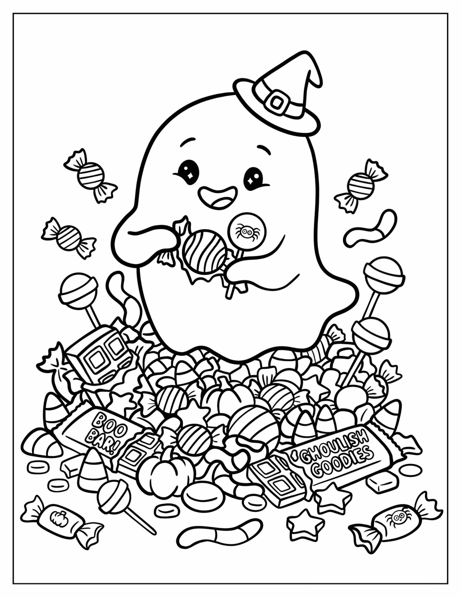 Hungry Ghost Eating Halloween Candies Coloring Page