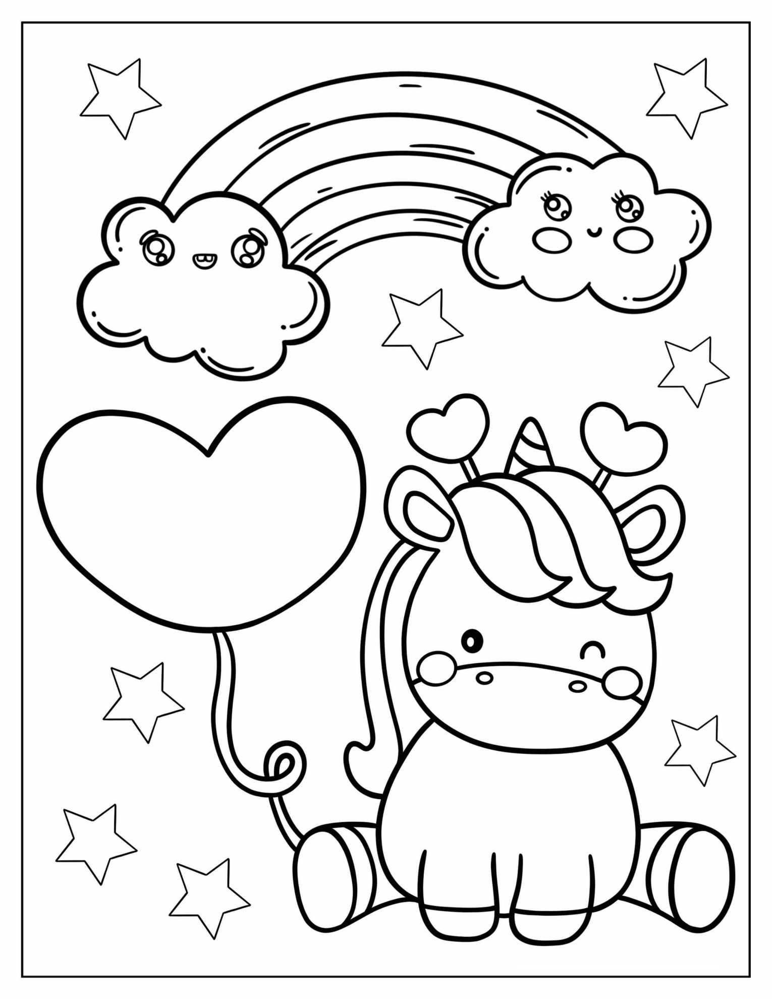 Winking Unicorn With Heart Balloon Coloring Page