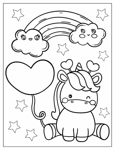 Winking Unicorn With Heart Balloon Coloring Page