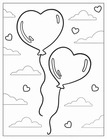 Heart Balloons In The Sky Coloring In