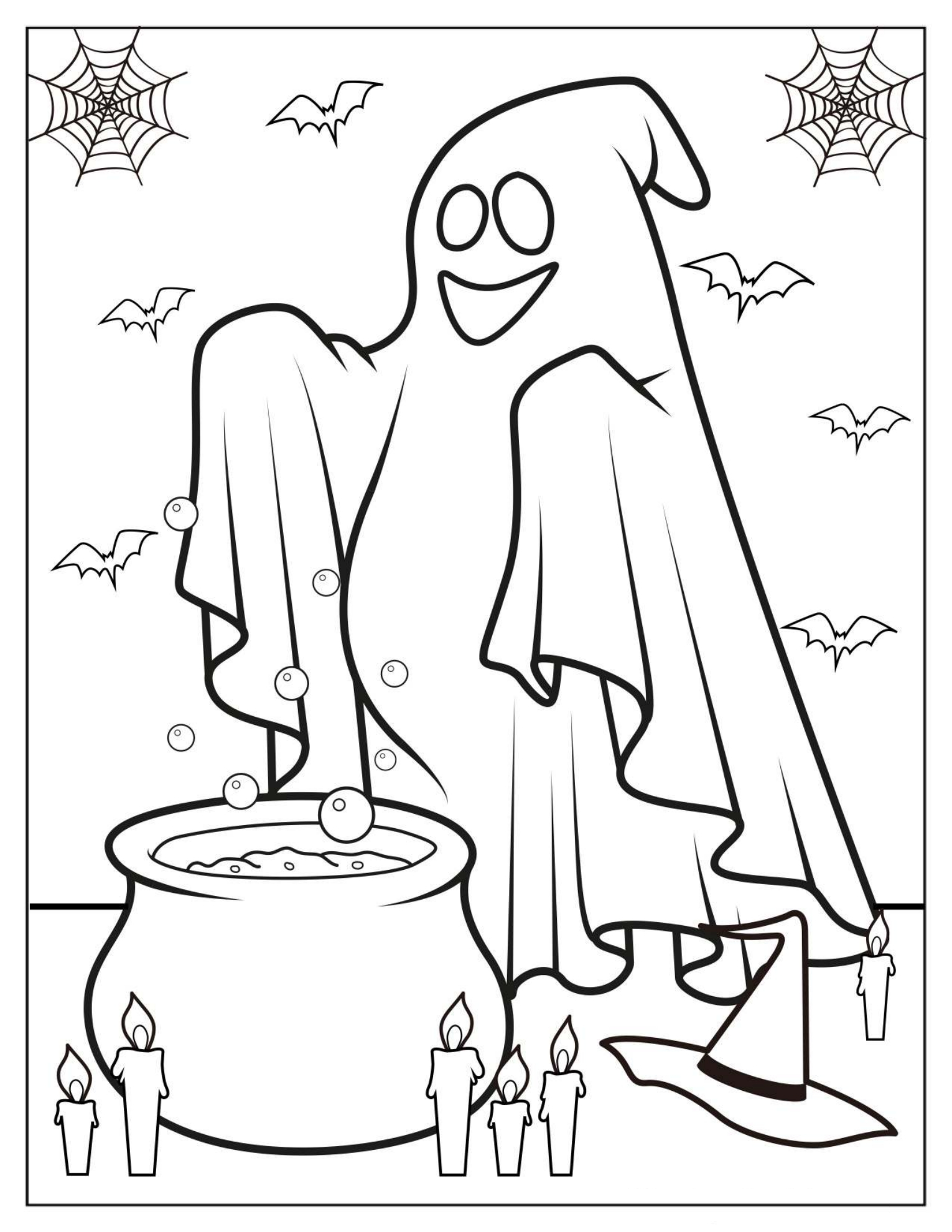 Coloring Page Of Ghost In Front Of Witch’s Cauldron
