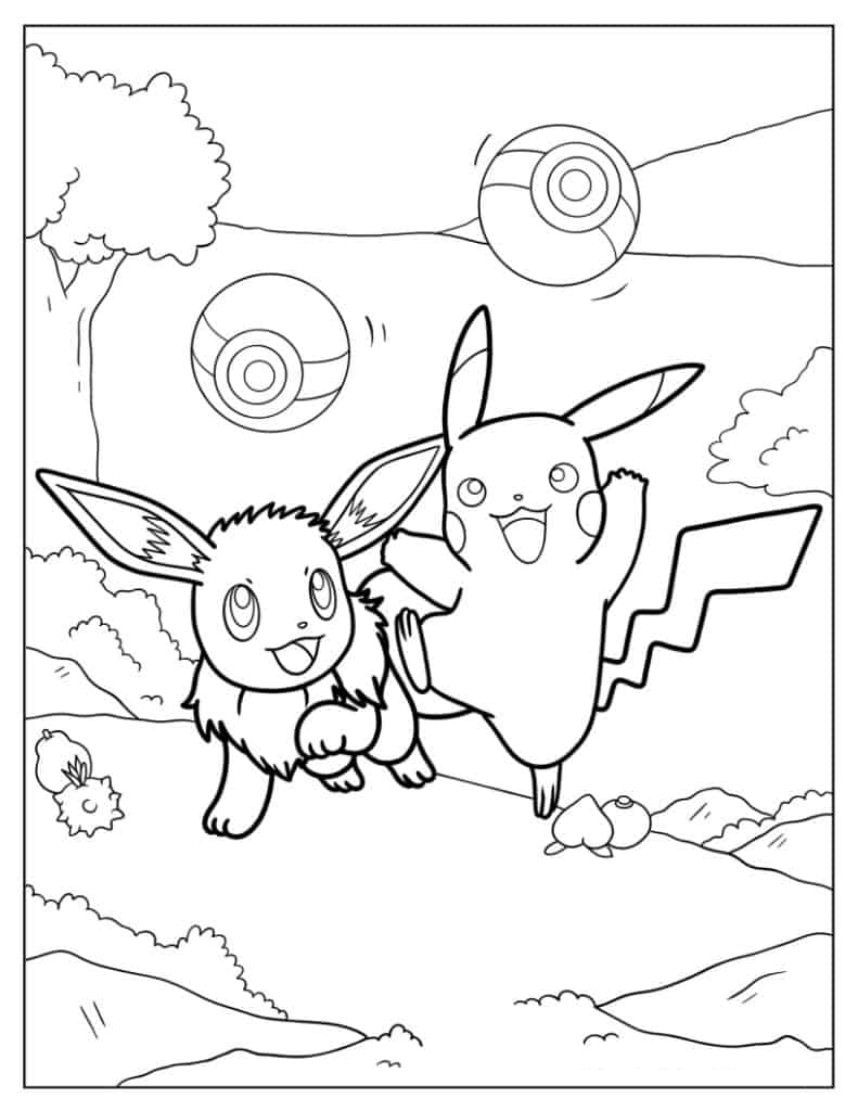 Coloring Sheet Of Eevee Playing With Pikachu