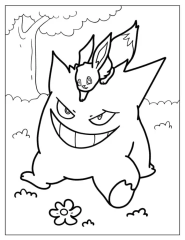 Coloring Page Of Little Eevee Playing With Gengar