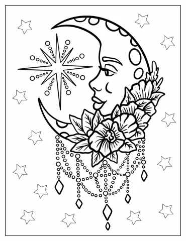 Crescent Moon Dreamcatcher With Stars Coloring Sheet