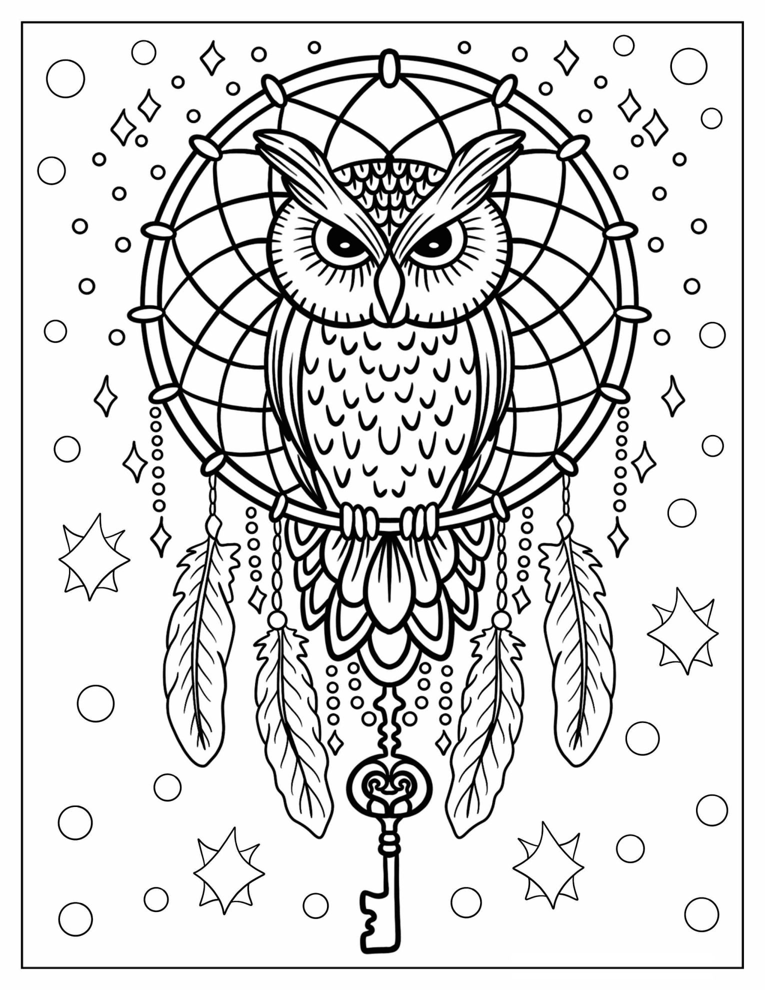 Serious Owl Perched On A Dreamcatcher Coloring Sheet