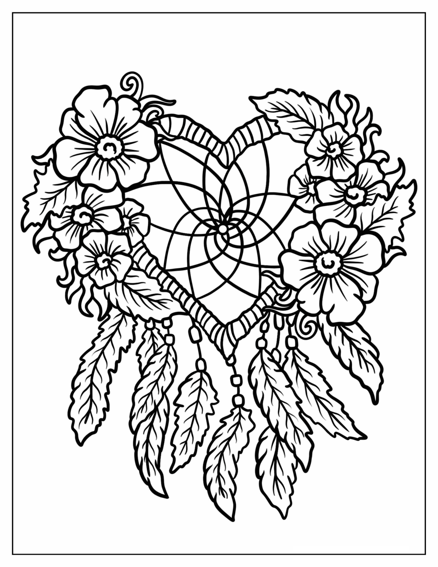 Heart Shaped Dreamcatcher With Daisies Coloring Sheet For Kids