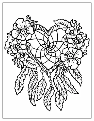 Heart Shaped Dreamcatcher With Daisies Coloring Sheet For Kids